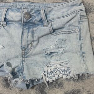 American Eagle Outfitters Light Blue Distressed Denim Shorts with Lace Trim